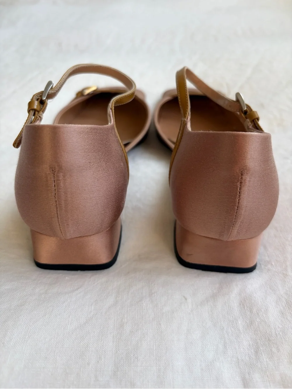 Vintage Prada Satin Buckle Patent Leather Mary Jane Sandals Flats Heels Pink Tan